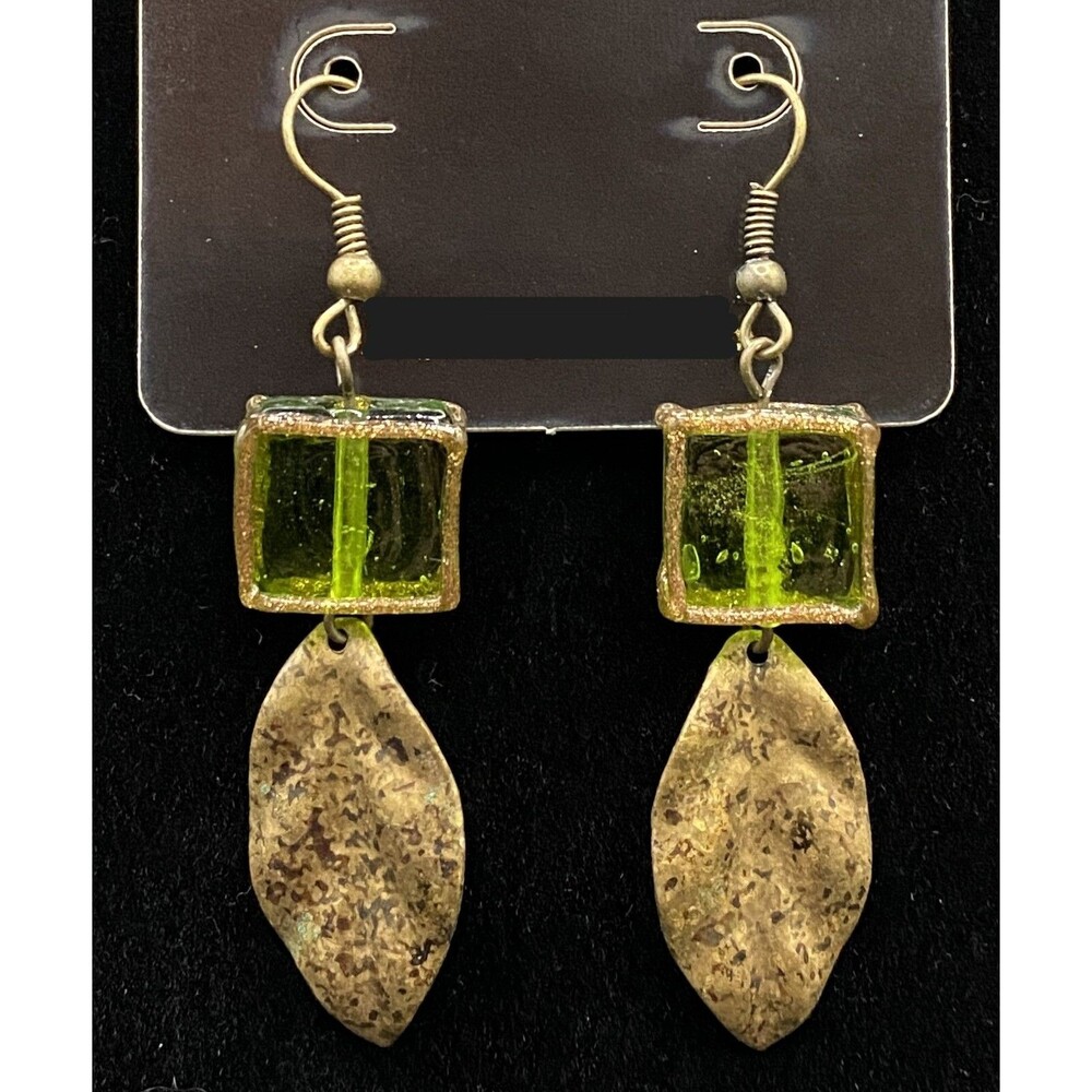 Handmade Bronze Tone Leaf & Green Glass Bead Earrings by Neanie-Bot